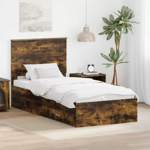 vidaXL Ágykeret fiókkal fejtámlával Füstölt tölgy 100 x 200 cm Faanyag
