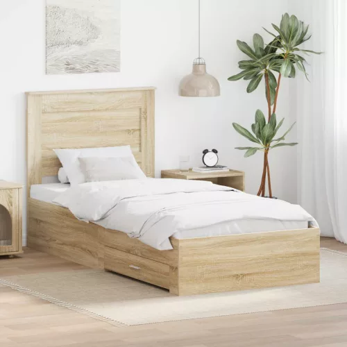 vidaXL Ágykeret fiókkal fejtámlával Sonoma tölgy 100 x 200 cm Faanyag