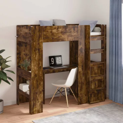 vidaXL Emeletes ágykeret íróasztallal Füstölt tölgy 75 x 190 cm