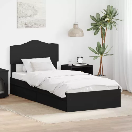 Tárolós Ágy fejtámlával fiókkal Fekete 70 x 190 cm Faanyag