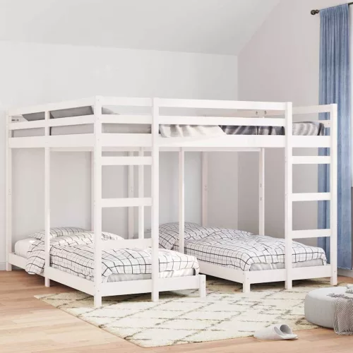 Háromszintes emeletes ágykeret Fehér 200 x 200 cm Tömör fenyőfa