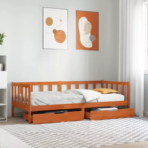 vidaXL Nappaliágy fiókkal kerékkel 3 pcs Faggyú barna Tömör fenyőfa