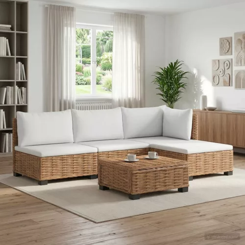 5 db Rattan Kerti Bútor Készlet Párnákkal GENDT Természetes