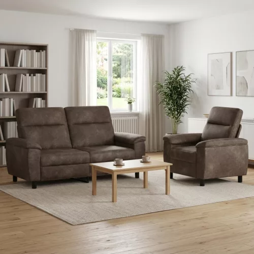 Kanapé Szett 2 pcs Sötétszürke Műsuede Bőr