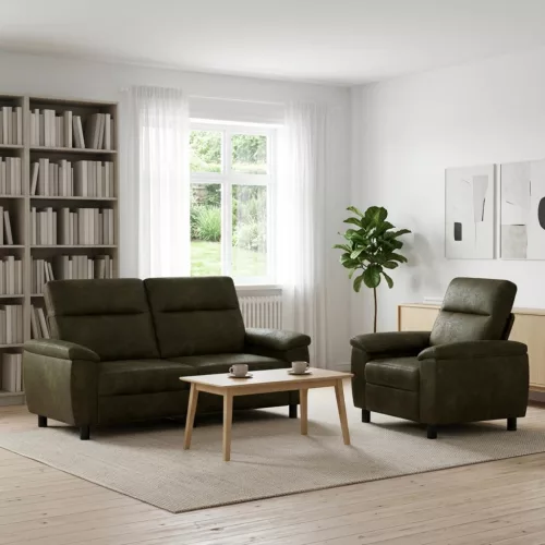 Kanapé Szett 2 pcs Katonai zöld Műsuede Bőr