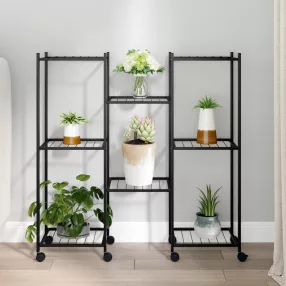   fekete vas virágtartó állvány kerekekkel 83 x 25 x 83,5 cm