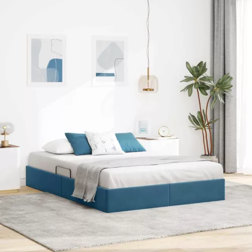 vidaXL Ottomán Ágykeret tárolóval Sötét kék 140 x 200 cm Bársony