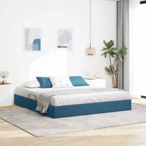 vidaXL Ottomán Ágykeret tárolóval Sötét kék 160 x 200 cm Bársony