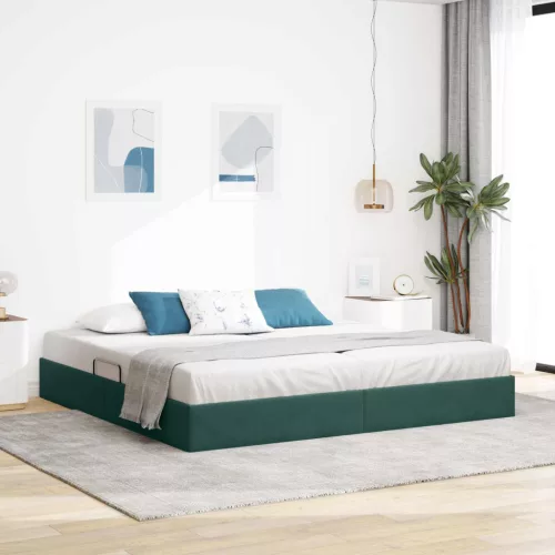 vidaXL Ottomán Ágykeret tárolóval Sötétzöld 200 x 200 cm Bársony