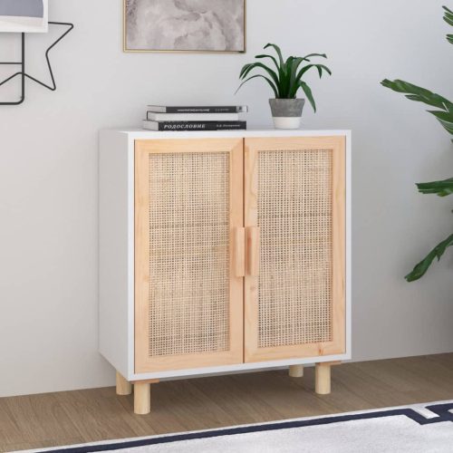 fehér tömör fenyő/természetes rattan tálalószekrény 60x30x70 cm