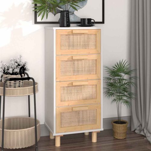 vidaXL fehér tömör fenyő/természetes rattan tálalószekrény 40x30x90 cm