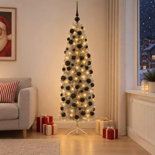 Karcsú műkarácsonyfa gömbökkel 180 cm 300 LED Meleg fehér