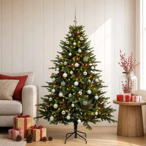 Műkarácsonyfa gömbbel 150 cm 150 LED Meleg fehér PVC és fém