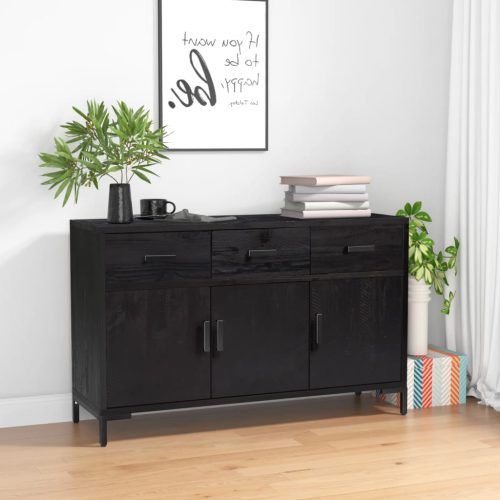 fekete tömör újrahasznosított fenyő tálalószekrény 110x35x70cm