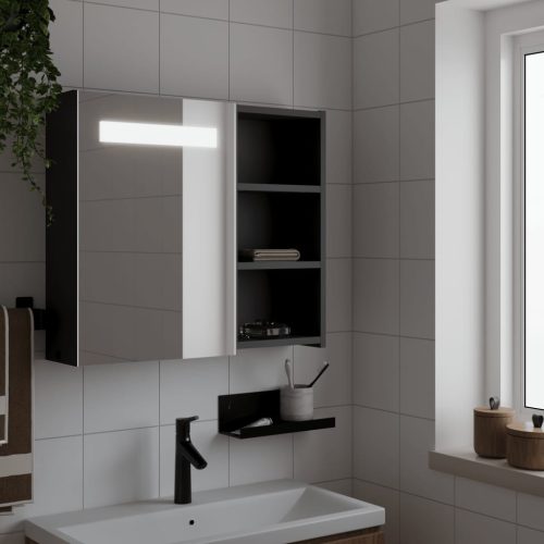 fekete tükrös fürdőszobaszekrény LED-del 60 x 13 x 52 cm