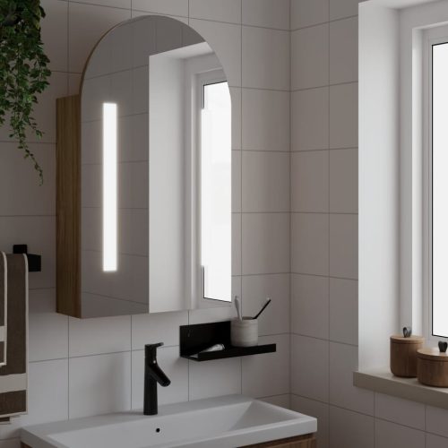tölgyszínű fürdőszobai ívelt tükörszekrény LED-del 42x13x70 cm
