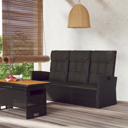  fekete polyrattan dönthető kerti pad párnával 173 cm