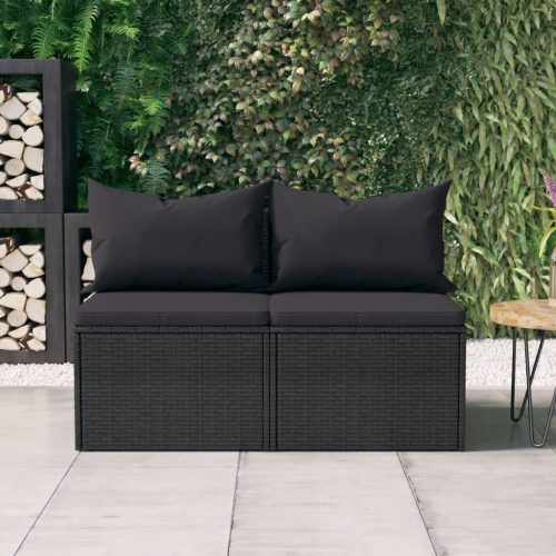 2 db fekete polyrattan kerti középső kanapé párnákkal