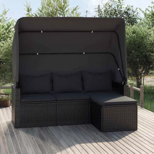 3-személyes fekete polyrattan kanapé tetővel és lábtartóval