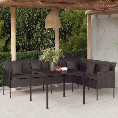 L-alakú fekete polyrattan kerti kanapé párnákkal