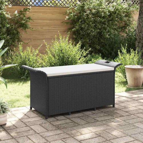 fekete polyrattan kerti pad párnával 116 x 46 x 57 cm