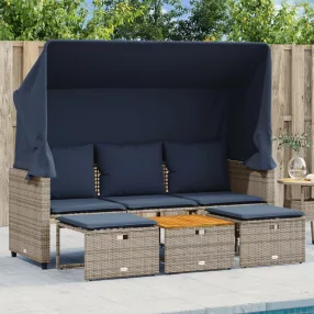   3 személyes szürke polyrattan kerti kanapé baldachinnal és székekkel