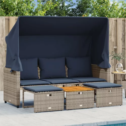 3 személyes szürke polyrattan kerti kanapé baldachinnal és székekkel