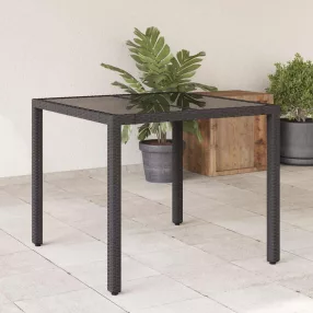 Fekete polyrattan üveglapos kerti asztal 90 x 90 x 75 cm