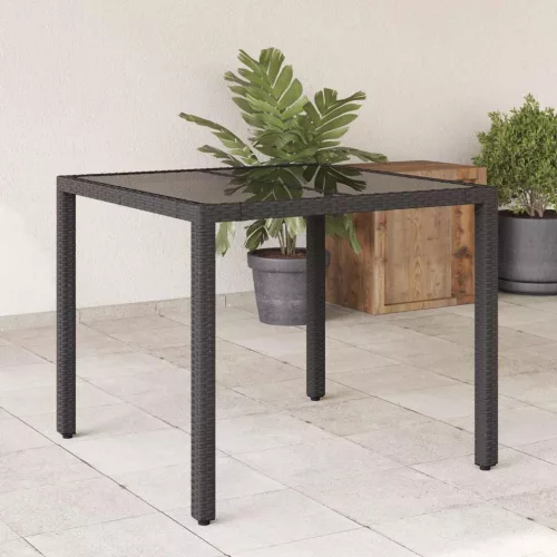 Fekete polyrattan üveglapos kerti asztal 90 x 90 x 75 cm