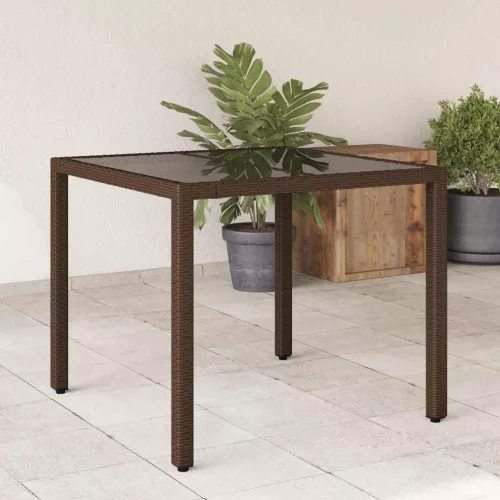 Barna polyrattan üveglapos kerti asztal 90 x 90 x 75 cm