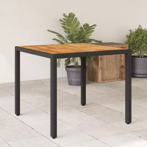 Fekete polyrattan kerti asztal akácfa lappal 90 x 90 x 75 cm
