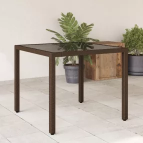 Barna polyrattan üveglapos kerti asztal 90 x 90 x 75 cm