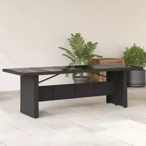 Fekete polyrattan üveglapos kerti asztal 240 x 90 x 75 cm