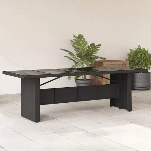 Fekete polyrattan üveglapos kerti asztal 240 x 90 x 75 cm