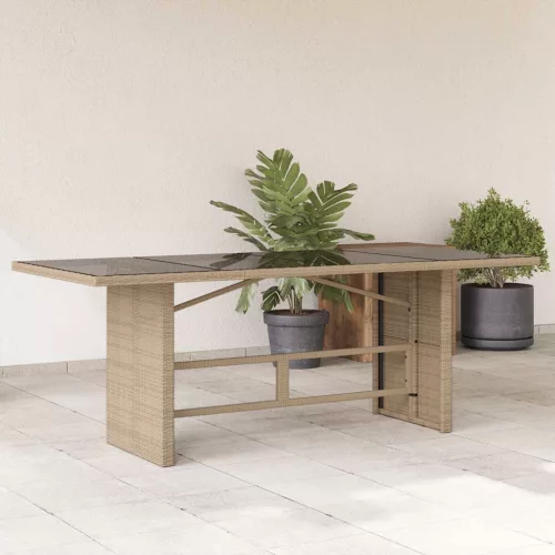 Bézs polyrattan üveglapos kerti asztal 190 x 80 x 75 cm