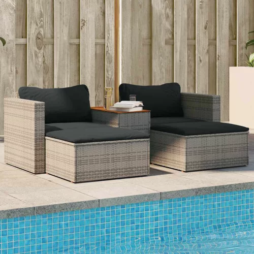 5 részes szürke polyrattan akácfa kerti ülőgarnitúra párnákkal