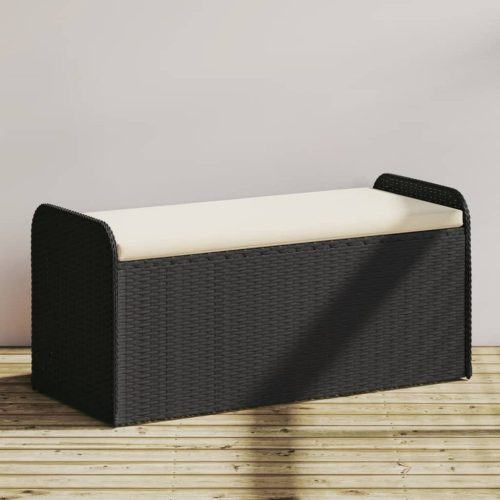  fekete polyrattan tárolópad párnával 115 x 51 x 52 cm