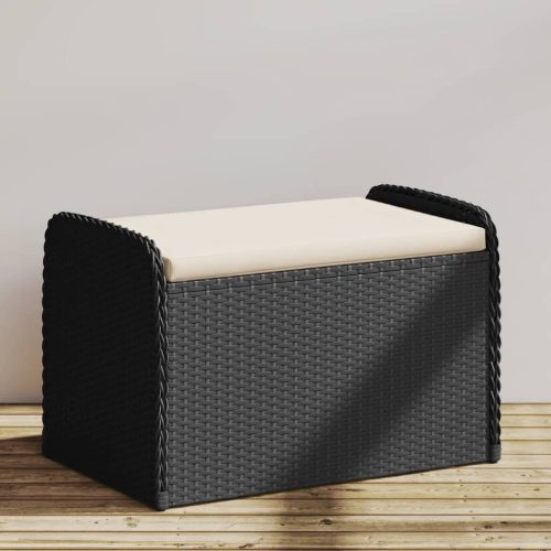  fekete polyrattan tárolópad párnával 80 x 51 x 52 cm