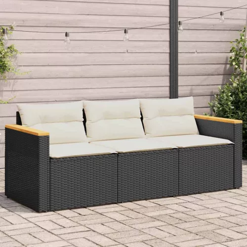 Fekete 3 személyes polyrattan kerti kanapé párnákkal