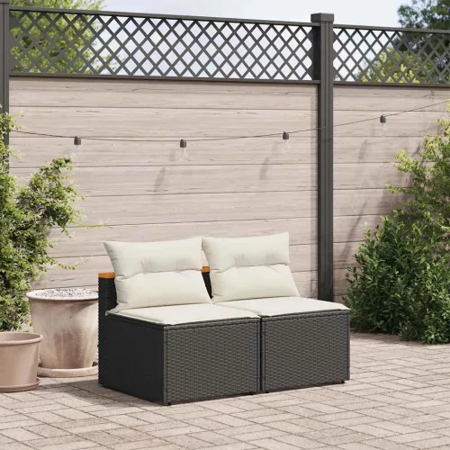 2 db fekete polyrattan karfa nélküli kerti kanapé párnákkal