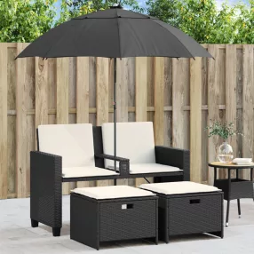   2 személyes fekete polyrattan kerti kanapé napernyővel/székkel