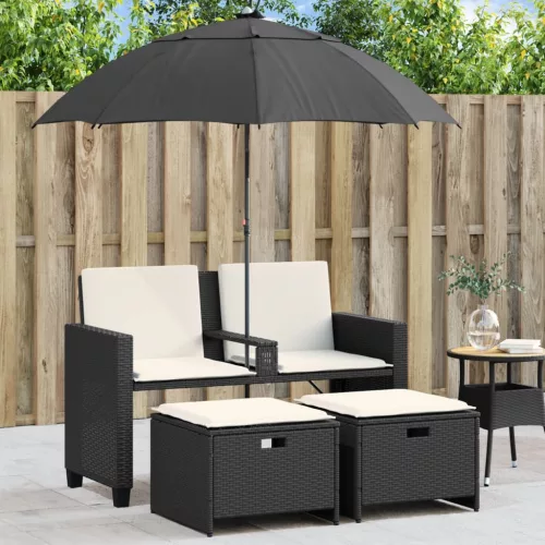 2 személyes fekete polyrattan kerti kanapé napernyővel/székkel