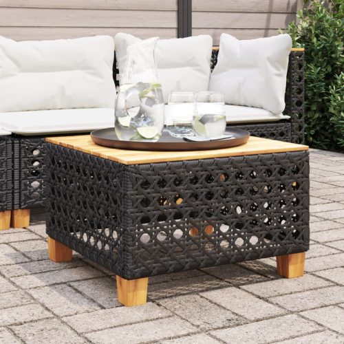  fekete polyrattan és akácfa kerti asztal 55 x 55 x 36 cm