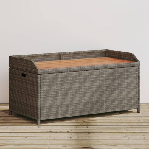  szürke polyrattan és akácfa tárolópad 100 x 50 x 52 cm