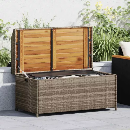 Szürke polyrattan és akácfa tárolópad 100 x 50 x 52 cm