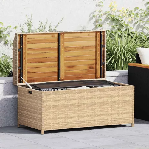 Bézs polyrattan és akácfa tárolópad 100 x 50 x 52 cm