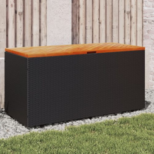  fekete polyrattan és akácfa kerti tárolóláda 110 x 50 x 54 cm