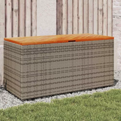 szürke polyrattan és akácfa kerti tárolóláda 110 x 50 x 54 cm