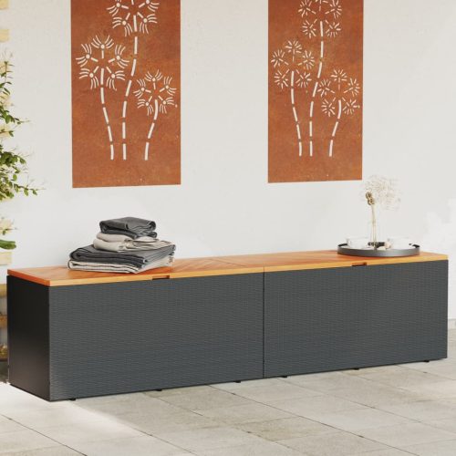  fekete polyrattan és akácfa kerti tárolóláda 220 x 50 x 54 cm