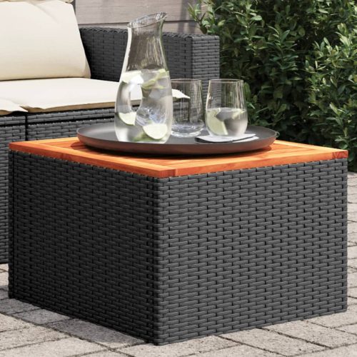  fekete polyrattan és akácfa kerti asztal 55x55x37 cm